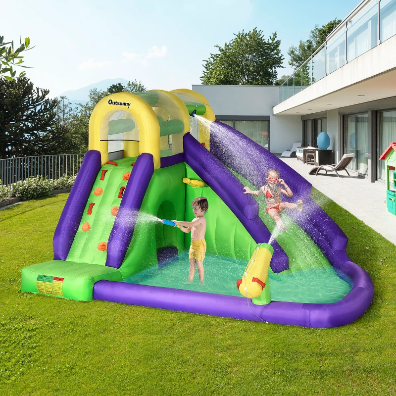 Outsunny 5-in-1 Inflatable Water Slide, Kids Castle Bounce House with Slide, Basketball, Pool, Water Cannon, Climbing Wall Includes Carry Bag, Repair Patches, 680W Air Blower