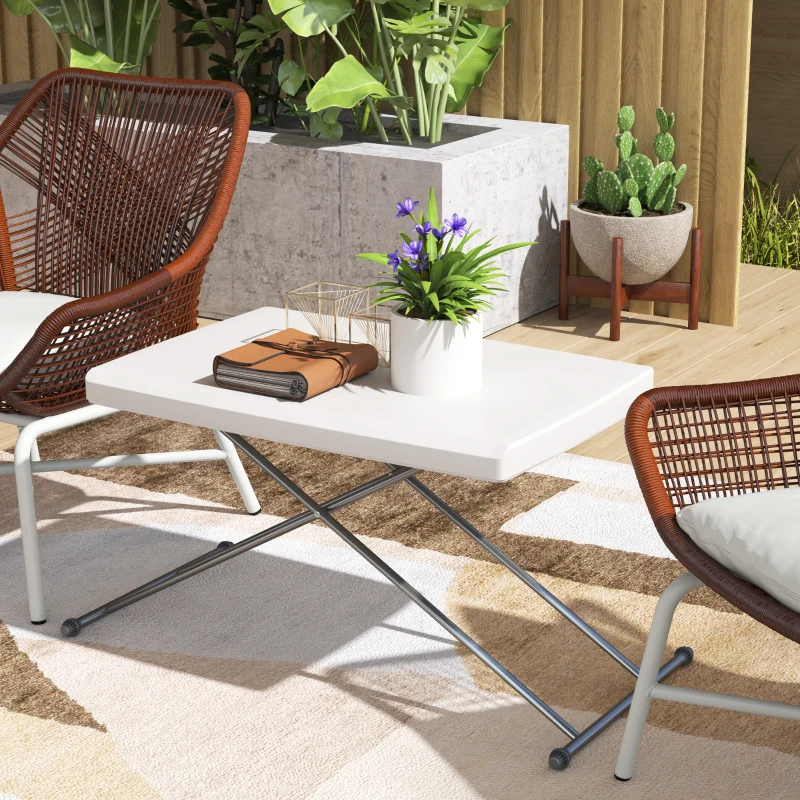 Outsunny Folding Outdoor Patio Table, 3-Level Adjustable Camping Table Picnic Table with HDPE Top, Steel Legs, White