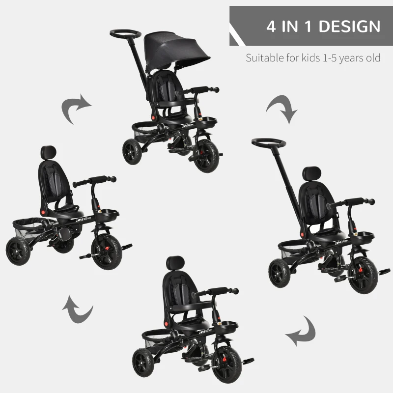 Qaba Tricycle for Toddler 4 in 1 Kids Trike with Reversible Adjustable Seat, Baby Push Bike with Removable Handle, Canopy, Belt Storage Brake Clutch for 1-5 Years, Black