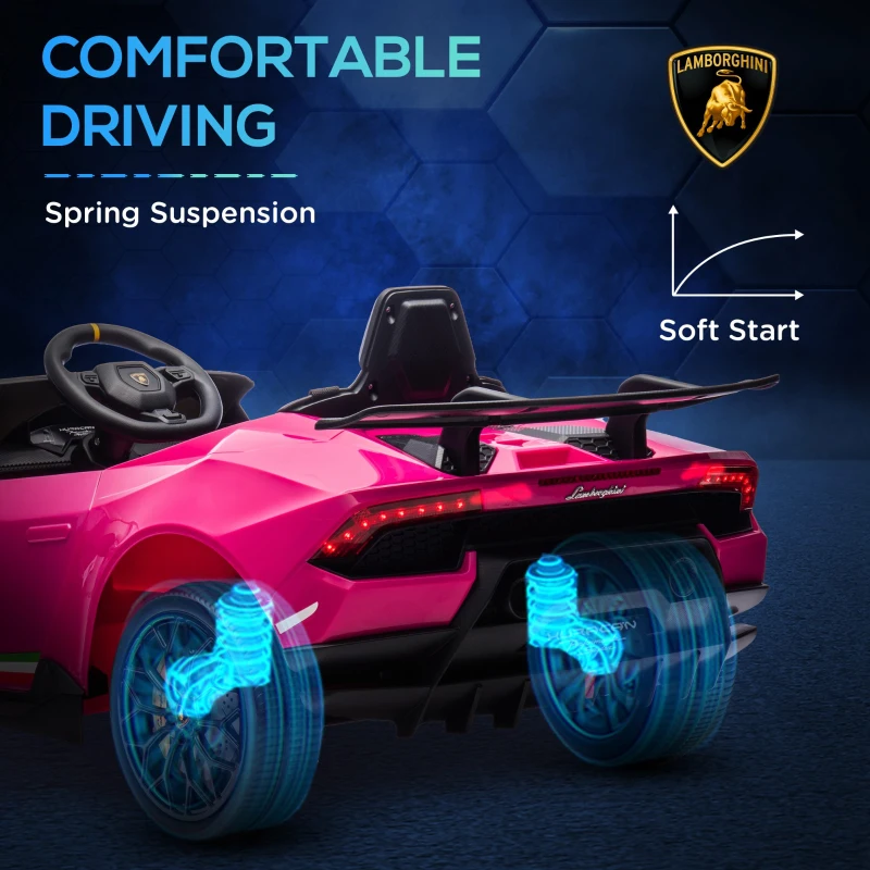 Qaba 12V Lamborghini Huracan Licensed Kids Electric Car with Parent Remote Control, Spring Suspension, Transport Wheel, Pink