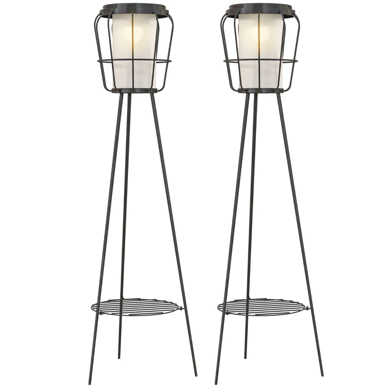 Outsunny Set of 2 Solar or USB Rechargeable Lamp Set LED Accent Lantern Light with Bottom Shelf for Garden Porch Lawn