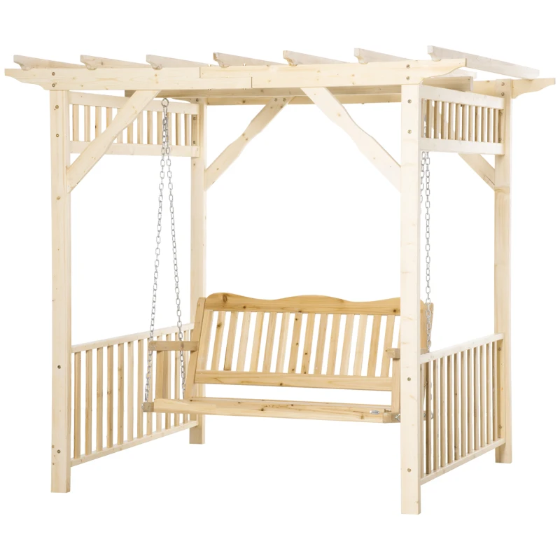 Outsunny Patio Swing Chair with Pergola, 2-Person Wooden Gazebo Swing Bench Sun Shelter for Garden, Poolside, Backyard, Deck