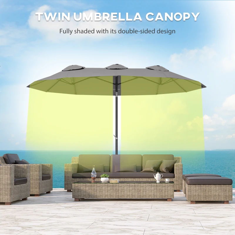 Outsunny Double Sided Patio Umbrella, 9.5' Large Outdoor Market Umbrella with Push Button Tilt and Crank, 3 Air Vents and 12 Ribs, for Garden, Deck, Pool, Gray(m-5)