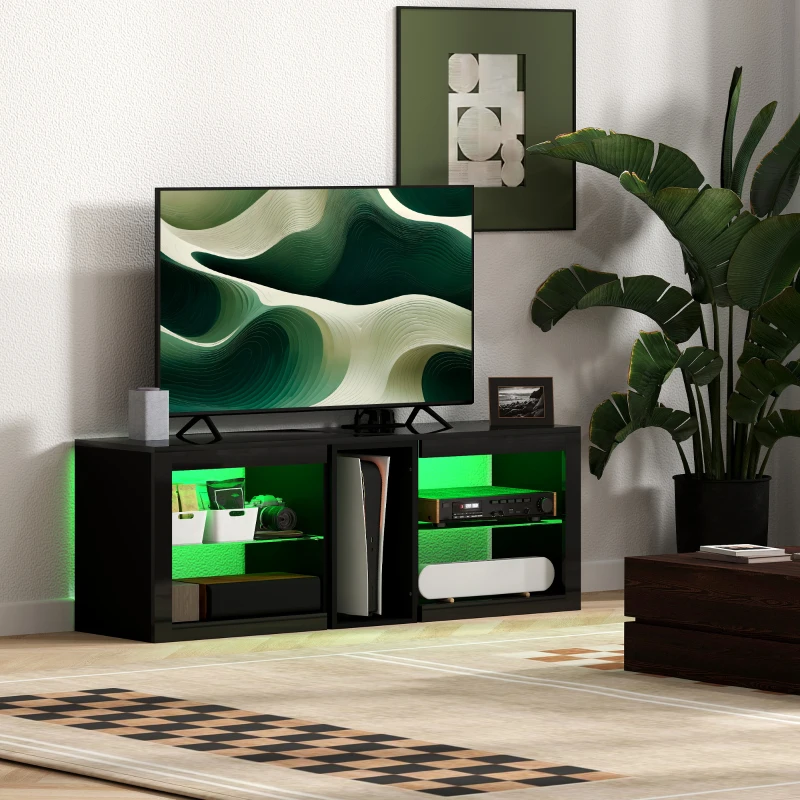 HOMCOM TV Stand Center for 55" with LED Lights and Power Outlets TV Television Cabinet with Adjustable Shelves High Gloss Black