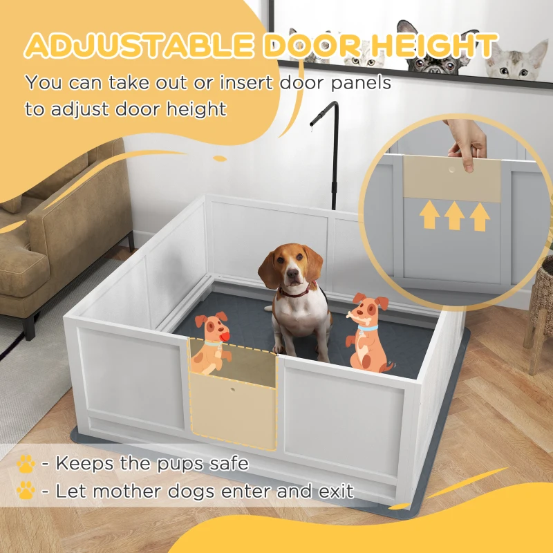 PawHut Whelping Box for Dogs with Retractable Light Stand, Waterproof Pad, Rail, Adjustable Height Door, 49" x 47"