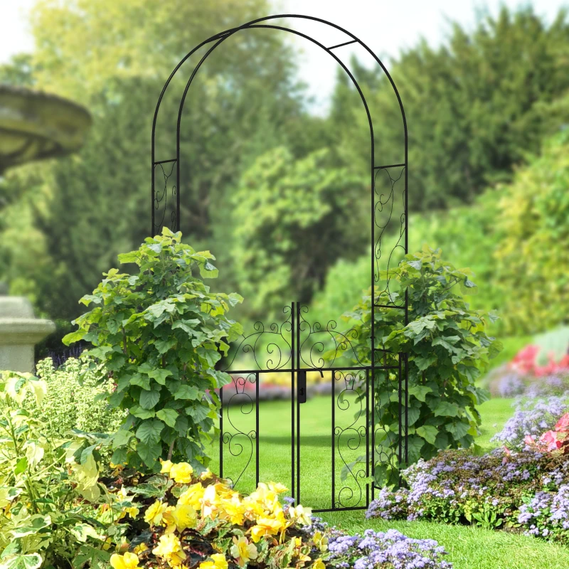Outsunny Metal Garden Arch with Gate, Garden Arbor Trellis for Climbing Plants, Roses, Vines, Wedding Arch, Black