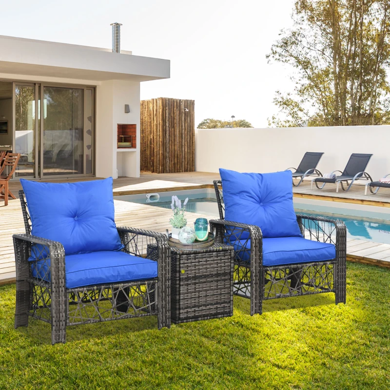 Outsunny 3 Pieces Wicker Patio Furniture Set, Rattan Bistro Set with Storage Coffee Table and Thickened Cushions, Outdoor Conversation Set for Garden, Porch, Balcony, Blue