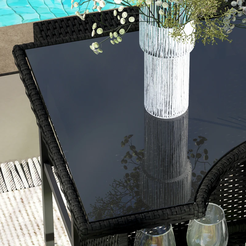 Outsunny 5 Pieces Patio Bar Set, Outdoor PE Rattan Wicker High Top Outdoor Table and Chairs Outdoor Bar Set with Tempered Glass Top Bar Table and Shelves, 4 Bar Chairs, Black