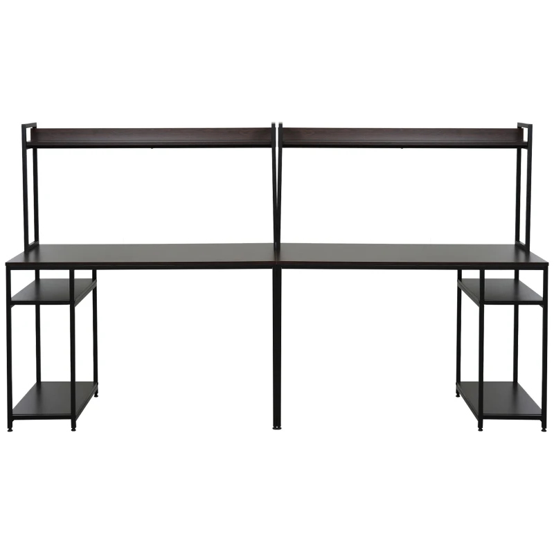 HOMCOM 94.5in Industrial Double Computer Desk with Hutch and Storage Shelves, Extra Long Two Person Home Office Desk, Writing Table Workstation for 2 People with CPU Stand, Brown Wood Grain