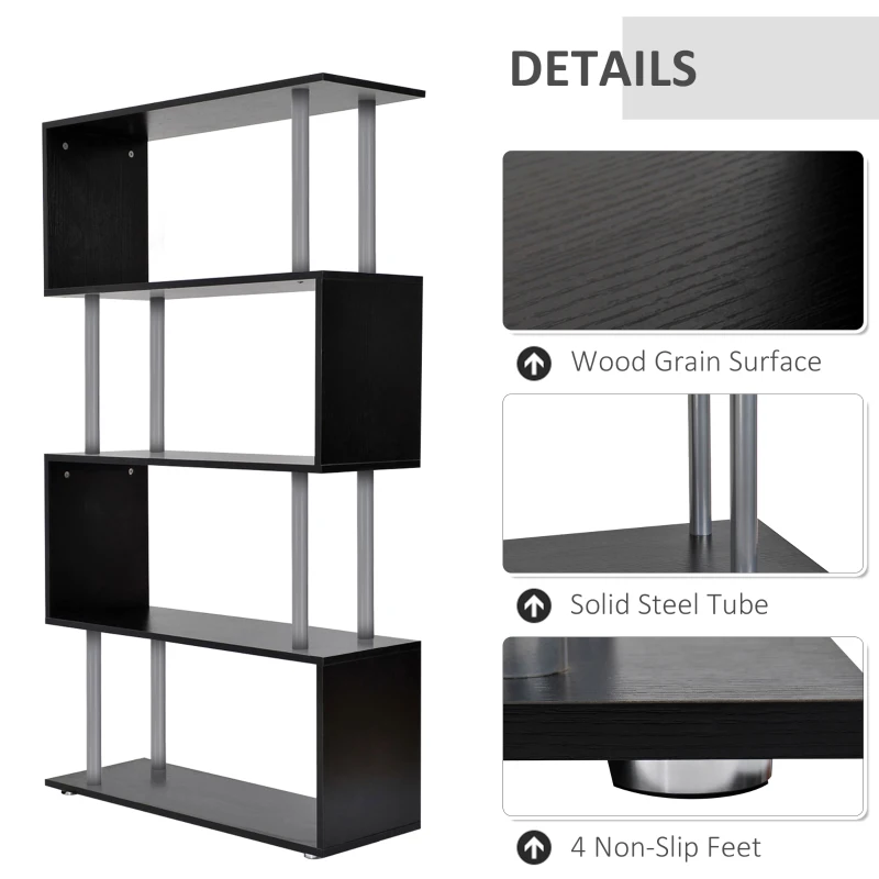 HomCom Modern S-Shaped 5 Tier Room Dividing Bookcase Wooden Storage Display Stand Shelf - Black