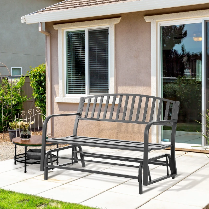 Outsunny Outdoor Glider Bench, Glider Bench for Outside Patio with Armrests, Slatted Seat & Backrest, Loveseat with Power Coated Steel Frame, Black