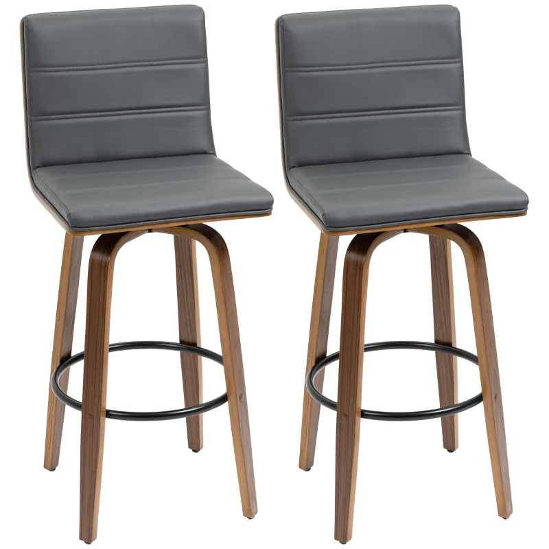 HOMCOM 28" Swivel Bar Set of 2 Height Bar Stools, Armless Upholstered Barstools Chairs with Soft Padding Seat and Wood Legs, Grey
