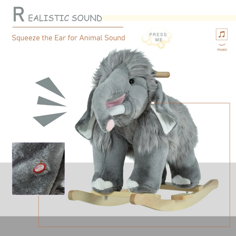 Qaba Kids Ride-On Rocking Horse Toy Mammoth Style Rocker with Fun Music & Soft Plush Fabric for Children 3+ Years