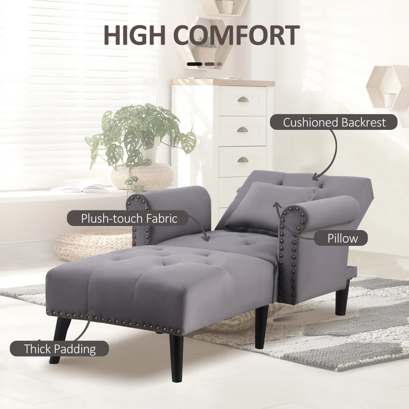 HOMCOM 2-In-1 Chaise Lounge Indoor with Rolled Armrest, Nailhead Trim and Button Tufting, Adjustable Velvet Fabric Upholstered Sofa for Bedroom and Living Room, Grey