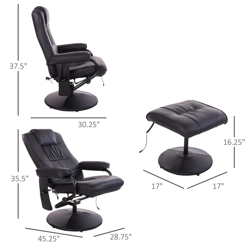 HOMCOM Massaging Faux Leather Recliner Chair and Ottoman Set, Swivel Vibration Massage Lounge Chair with Remote Control for Living Room, Bedroom, or Office, Black