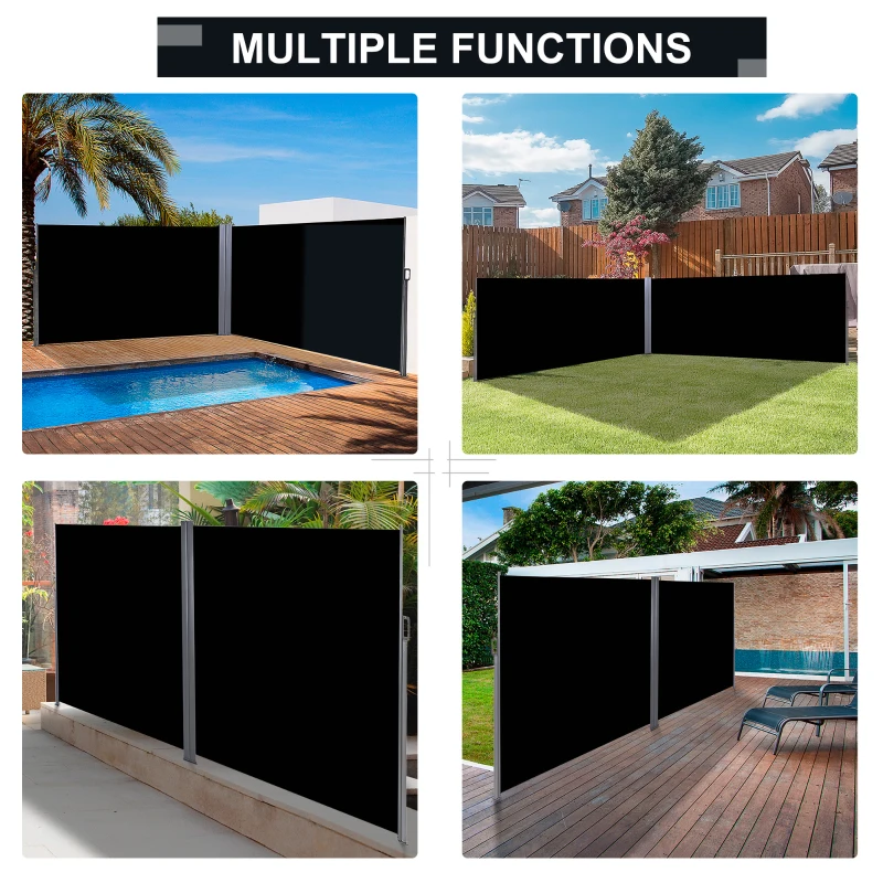 Outsunny Patio Retractable Double Side Awning, Folding Privacy French Screen Fence, Privacy Wall Corner Divider, Garden Outdoor Sun Shade Wind Screen, Indoor Room Divider, Black