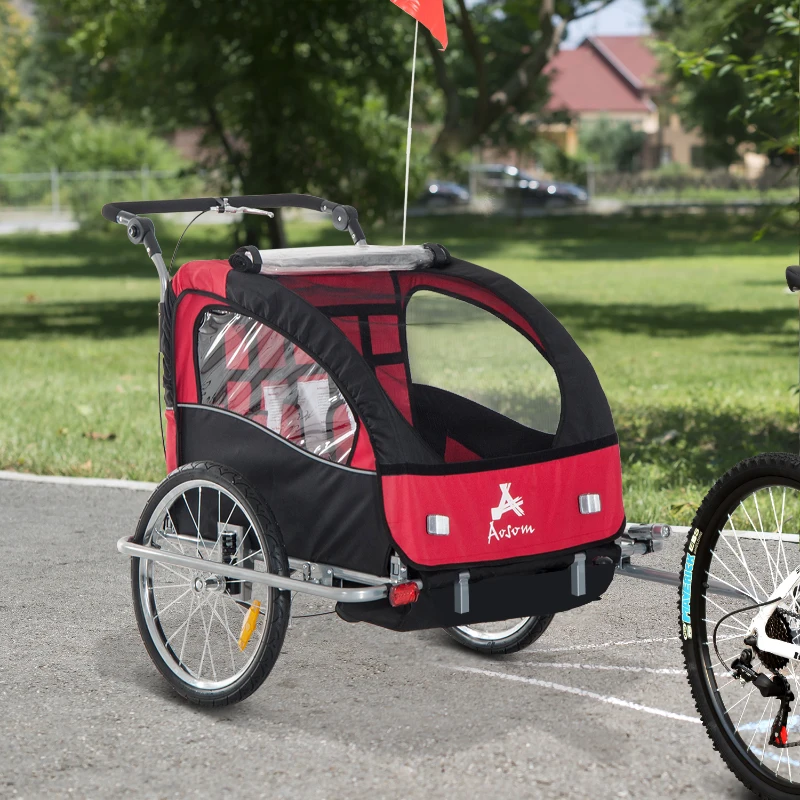 Aosom Elite 360 Swivel Bike Trailer for Kids Double Child Two-Wheel Bicycle Cargo Trailer With 2 Security Harnesses, Red