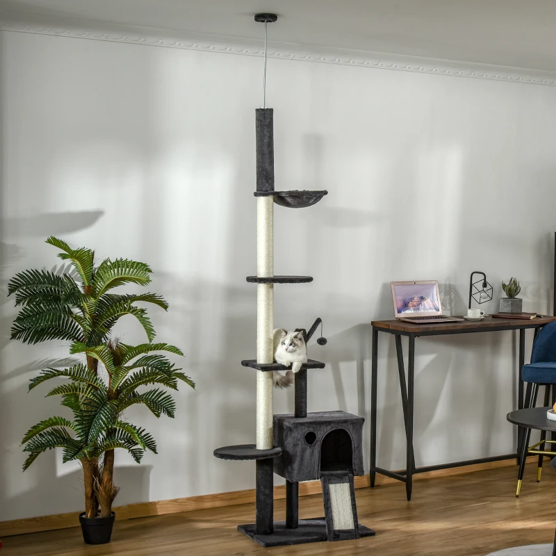 PawHut 110" Huge Cat Tree Kitty Activity Center Floor-to-Ceiling Cat Climbing Toy with Scratching Post Board Hammock Hanging Ball Rest Pet Furniture Dark Grey