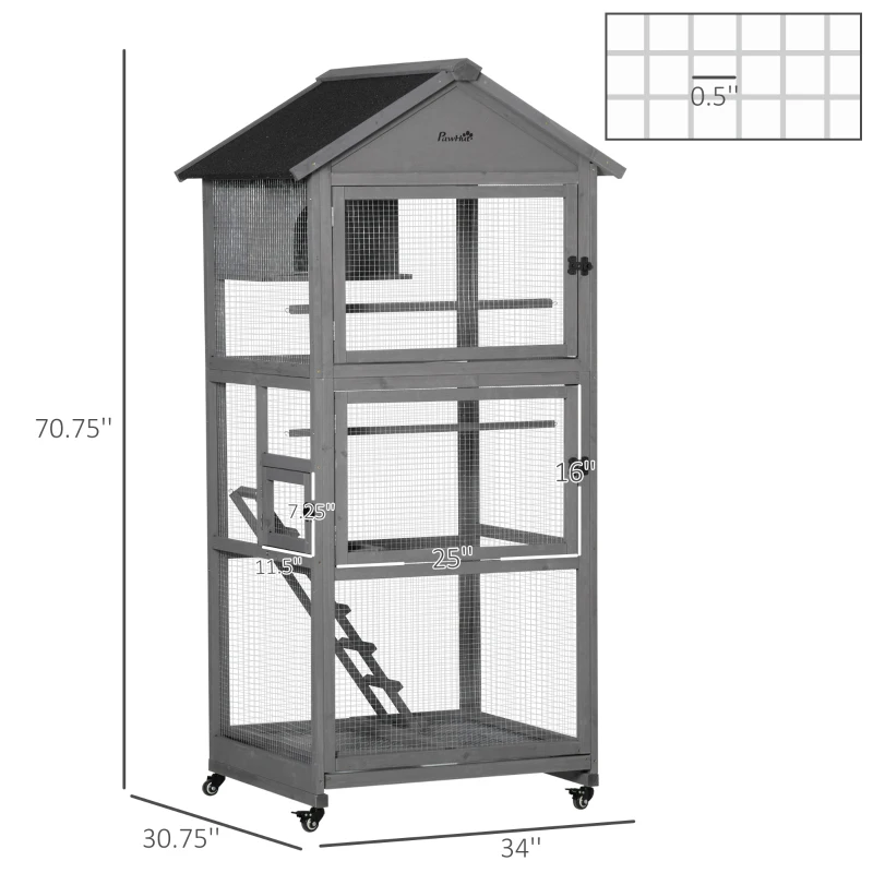 PawHut 71" Bird Cage Large Mobile Wooden Aviary for Canary Cockatiel with Wheel Perch Nest Ladder Slide-out Tray for Indoor Outdoor Dark Grey