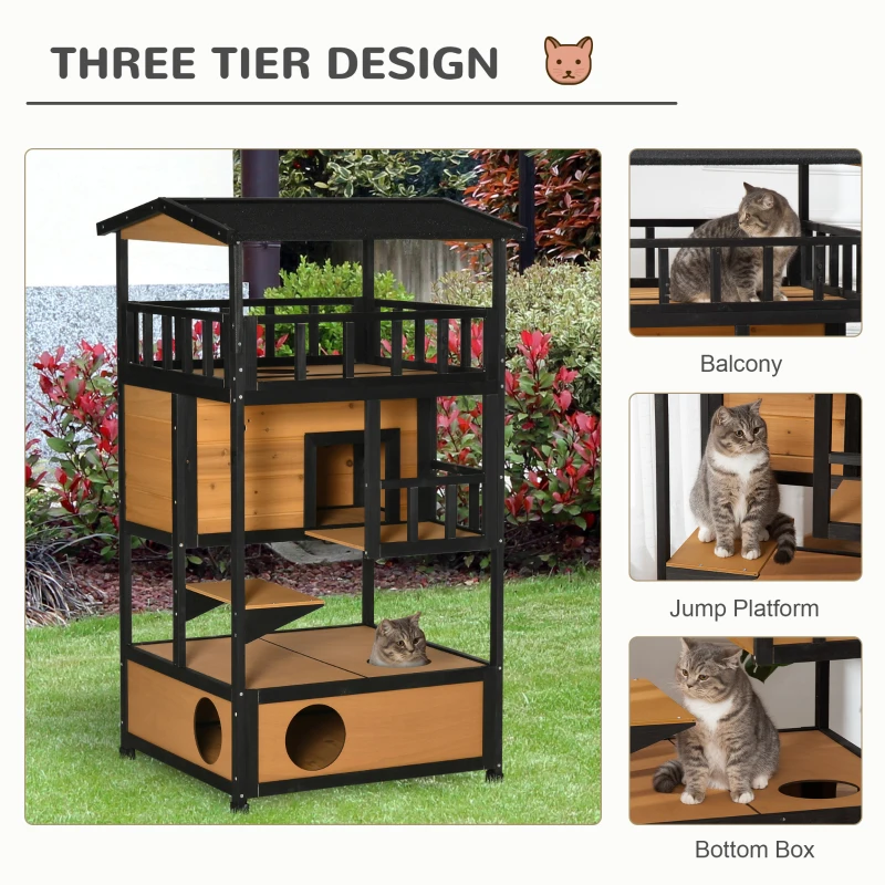 PawHut 4-Floor Wood Outdoor Cat House Catio for Cats with Condo, Fun Entrances, Perch, Natural