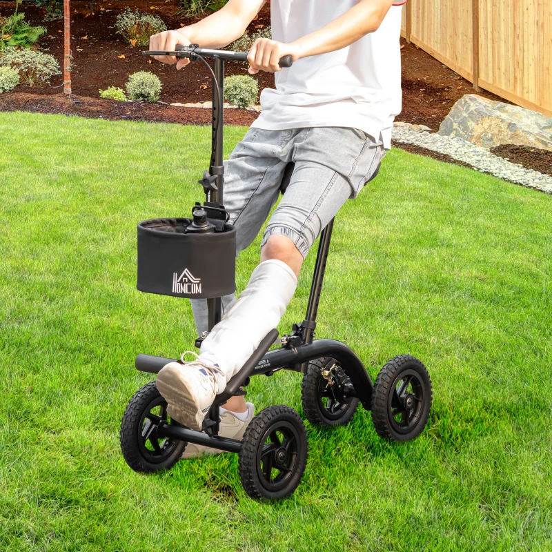 HOMCOM Seated Walker, Foldable Steerable Medical Scooter, Compact Crutch Alternative with Braking System and Storage Bag, Black