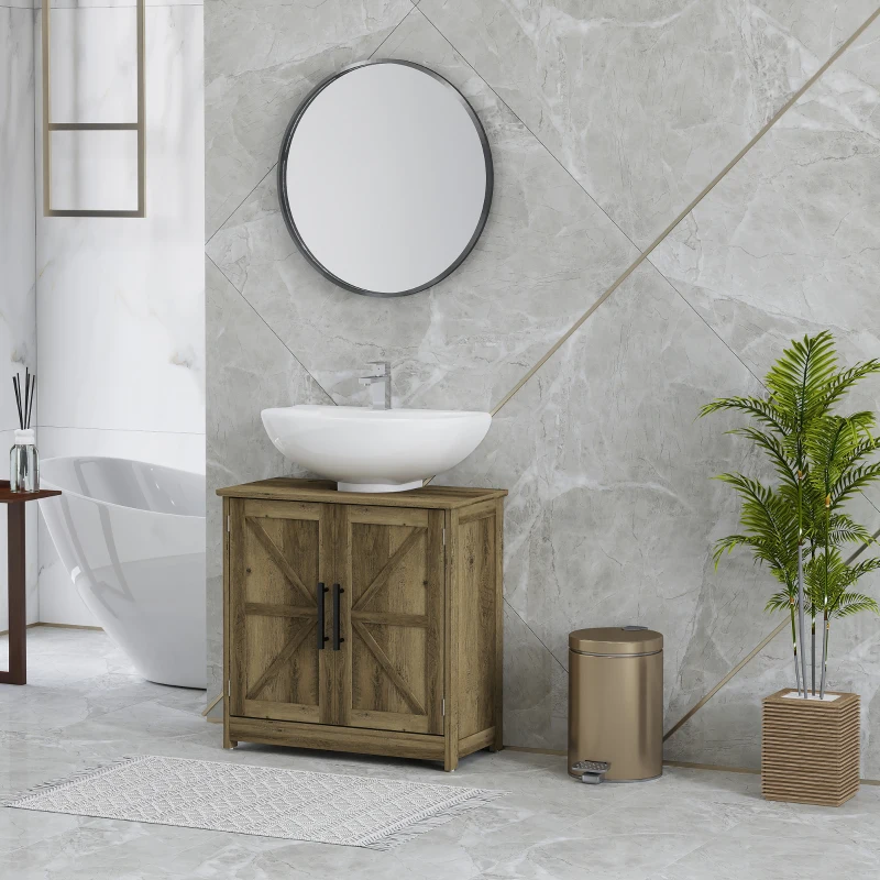 HOMCOM Farmhouse Pedestal Sink Storage Cabinet, Bathroom Sink Cabinet with 2 Barn Doors and Adjustable Shelf, Light Gray