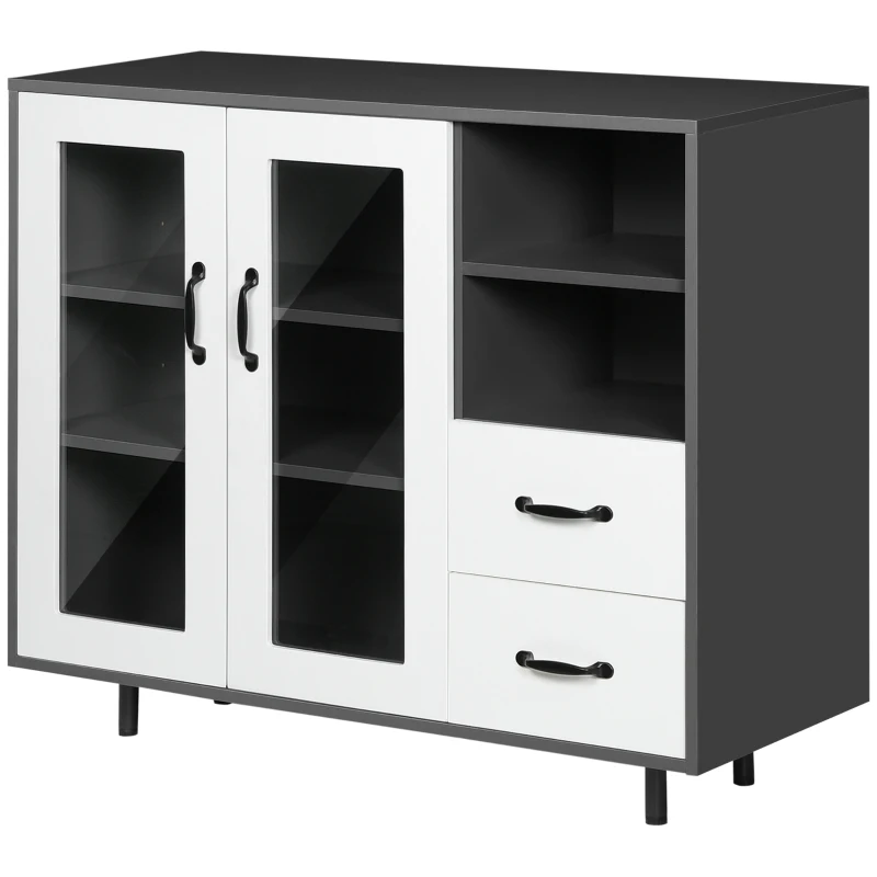 HOMCOM Kitchen Buffet Cabinet, Storage Sideboard with Glass Doors Cupboard, 2 Drawers and 2 Open Shelves, Charcoal Grey