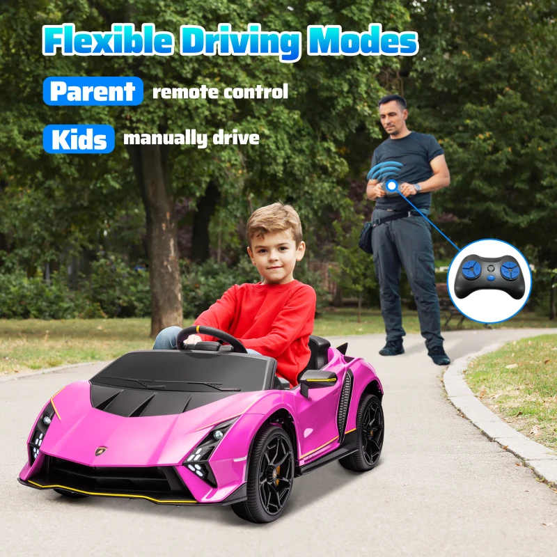 Qaba 12V Lamborghini Autentica Licensed Kids Car with Remote Control, 4 Wheels Spring Suspension, Soft Start, Pink