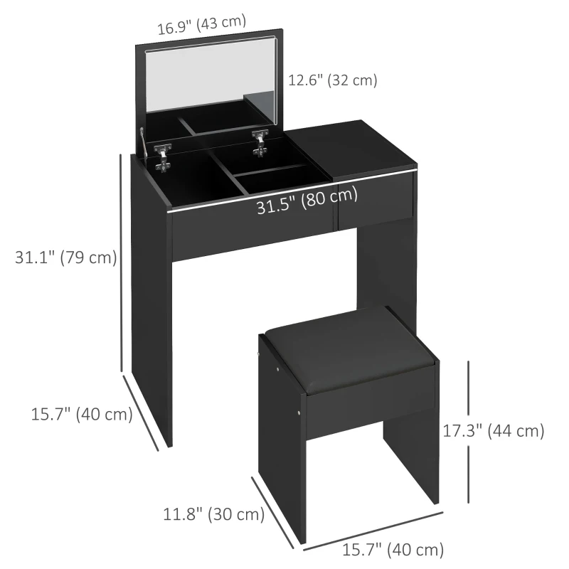 HOMCOM Modern Vanity Set with Flip Top Mirror and Cushioned Stool, Dressing Table with Storage Drawer for Bedroom, Black