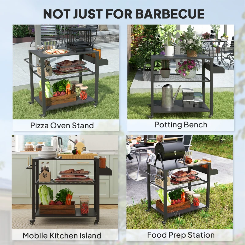 Outsunny 3-Tier Outdoor Grill Dining Cart with Storage Rack, Pizza Oven Stand with Side Handle, 4 Wheels for Backyard Party