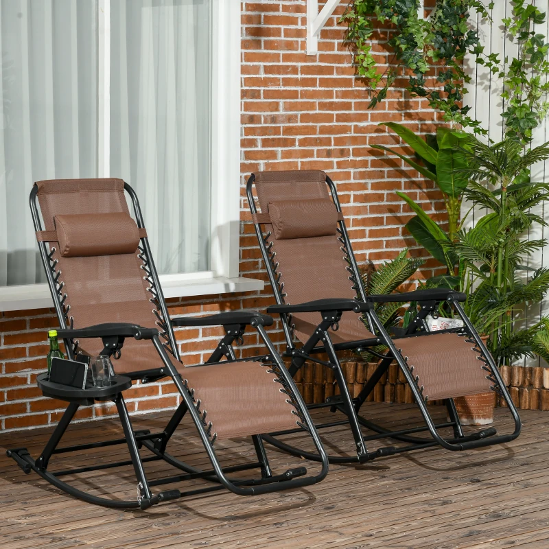 Outsunny 2 Outdoor Rocking Chairs Foldable Reclining Zero Gravity Lounge Rockers w/ Pillow Cup & Phone Holder, Brown