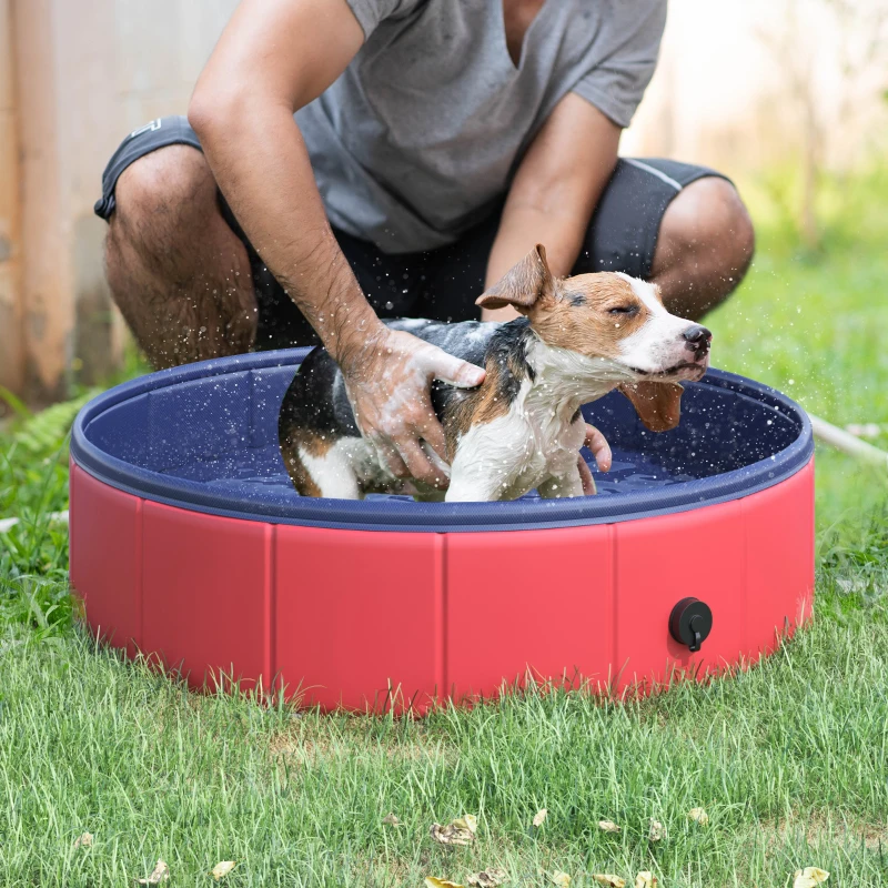 PawHut Folding Dog Pool Portable Pet Kiddie Swimming Pool, Outdoor/Indoor Puppy Bath Tub with Nonslip Bottom for Dogs & Cats,  (Φ32", Red)