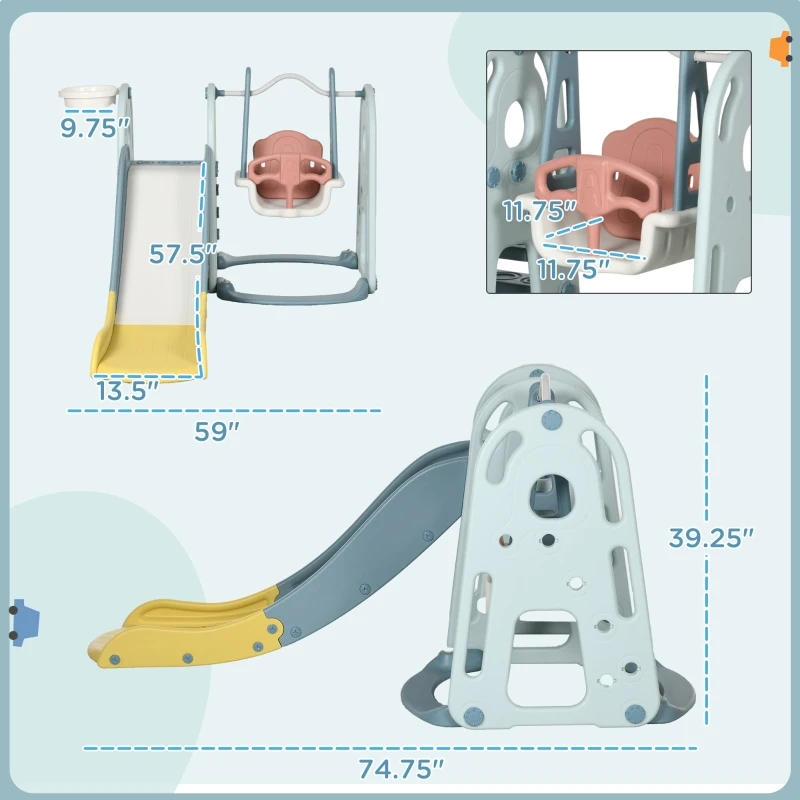 Qaba 4 in 1 Toddler Slide and Swing Set with Adjustable Seat Height and Basketball Hoop, Freestanding Kids Climber Slide Playset with Basket Ball for Indoor Playground 18-60 Months