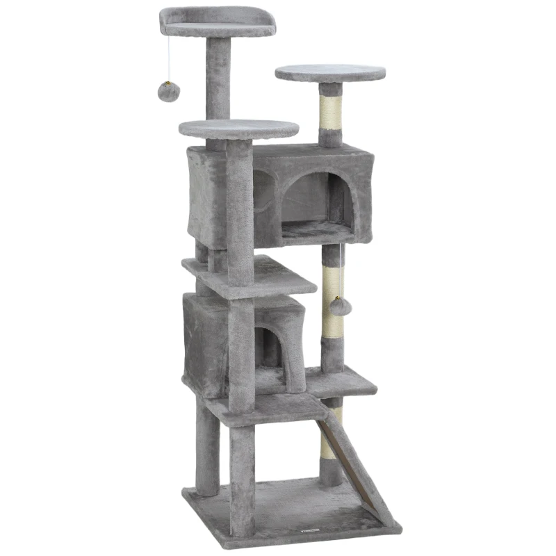 PawHut 54" Cat Tree, Multi-Level Cat Tower with Scratching Posts, Cat Condos, Bed, Platforms, Ramp, Toy Ball, Light Grey