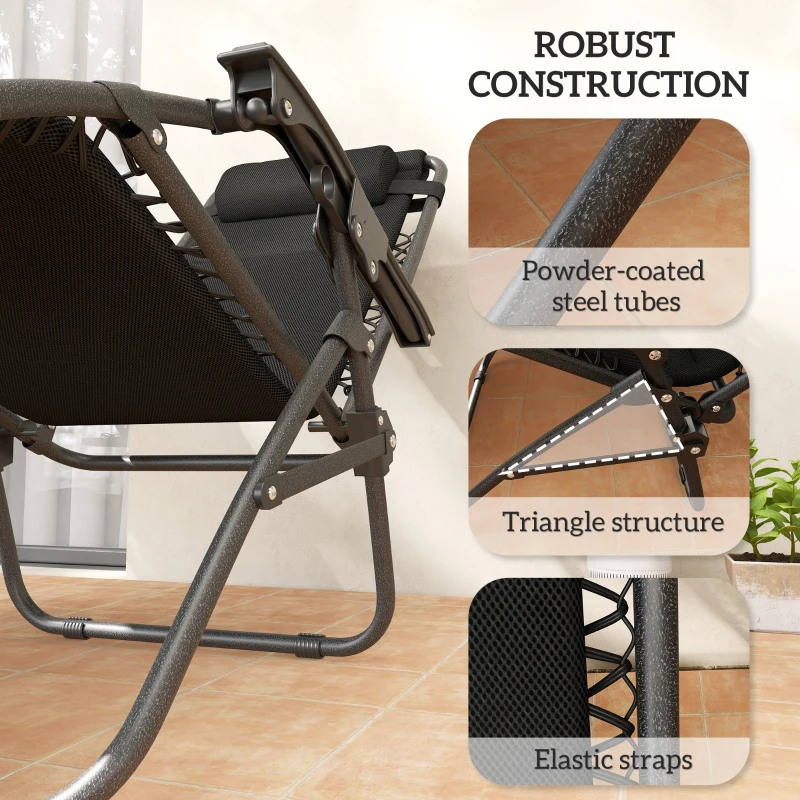 Outsunny Zero Gravity Lounge Chair Set, 2 Pieces Reclining Folding Outdoor Lounge Chairs with Headrest Side Tray, Black