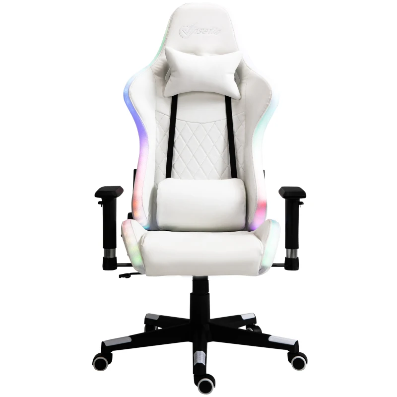 Vinsetto High Back Gaming Chair with RGB LED Lights, Adjustable Arms, and Lumbar Support, Racing Office Computer Chair with Head Pillow, White / Black