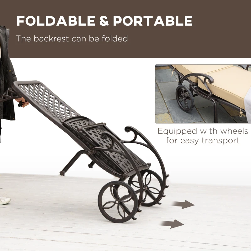 Outsunny Aluminum Adjustable Chaise Lounge Chair, Folding 4-Position Patio Recliner, Wheels, Armrests, Side Table, Cushion for Poolside, Backyard, Deck, Porch Garden, Beige