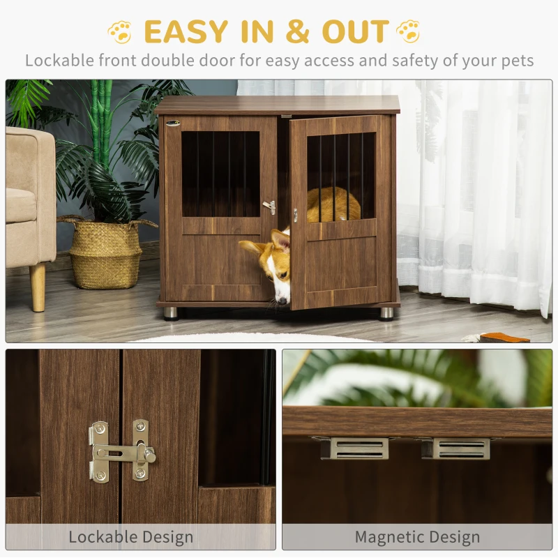 PawHut Dog Crate Furniture, Wooden End Table Furniture with Lockable Magnetic Doors, Small & Medium Size Pet Kennel Indoor Animal Cage, Brown