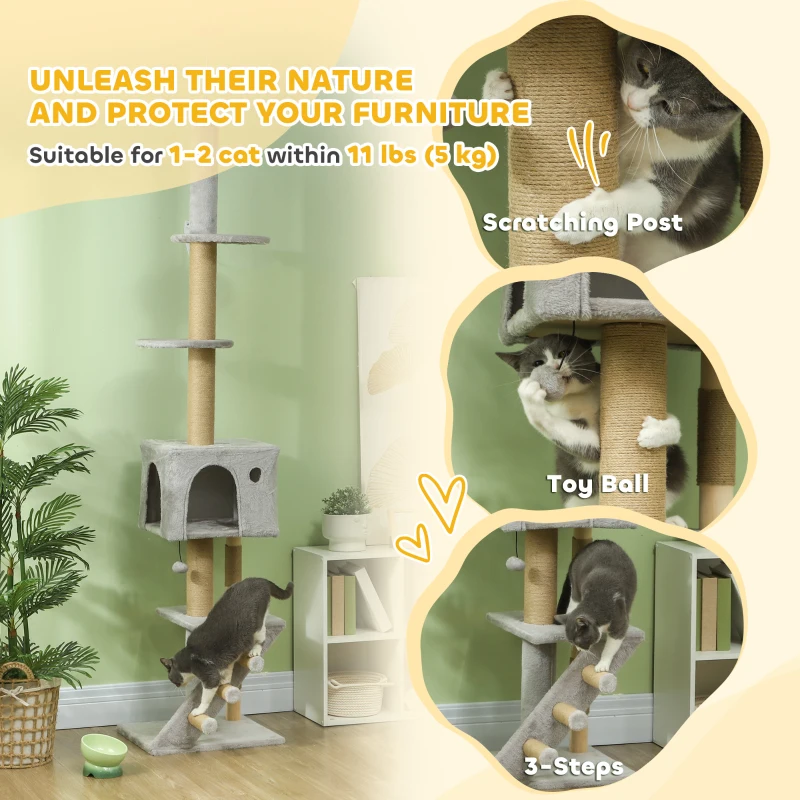 PawHut 89"-100" Floor to Ceiling Cat Tree w/ Scratching Post, Cat House, 3-Steps, Hanging Ball, Perches, Light Grey