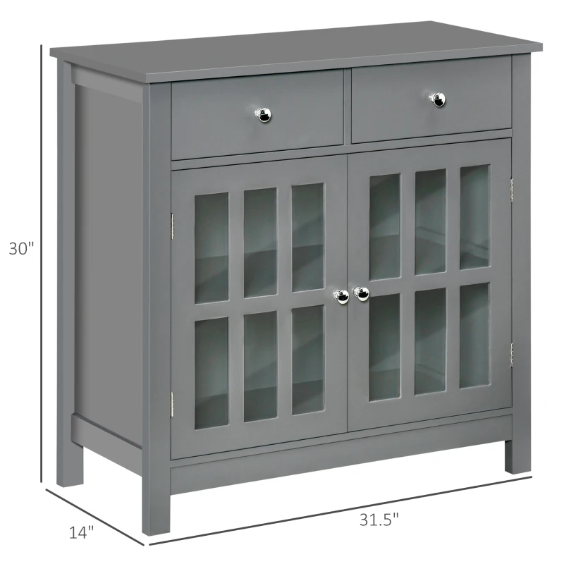HOMCOM Sideboard Buffet Cabinet, Accent Kitchen Cabinet with Glass Doors, Adjustable Shelf and 2 Drawers for Kitchen, Gray