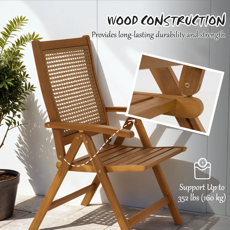 Outsunny Outdoor Folding Chair with Adjustable Back, Wood Foldable Dining Chair with Slatted Seat, Armrest, Teak