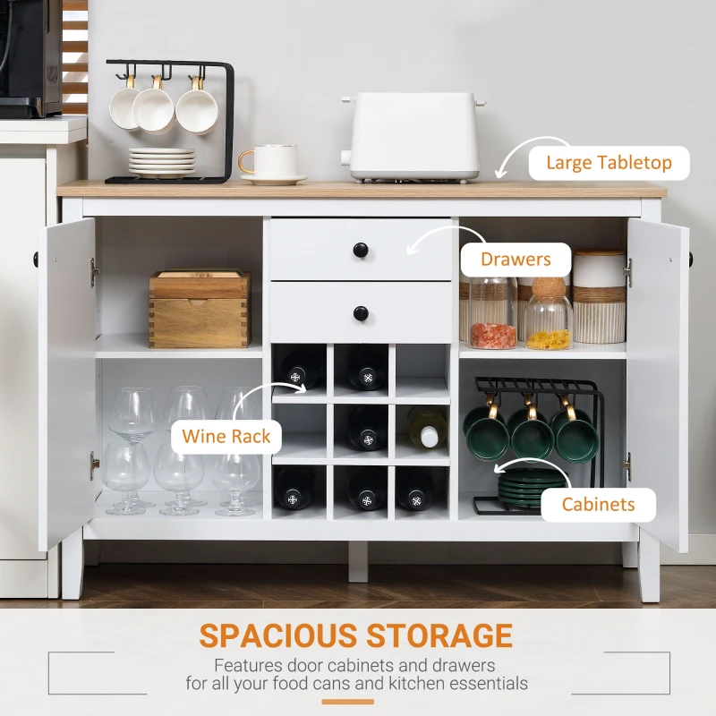 HOMCOM Coffee Bar Cabinet 9-Bottle Wine Rack, Sideboard Buffet Cabinet, Wine Cabinet with Drawers and Adjustable Shelves, Natural and White