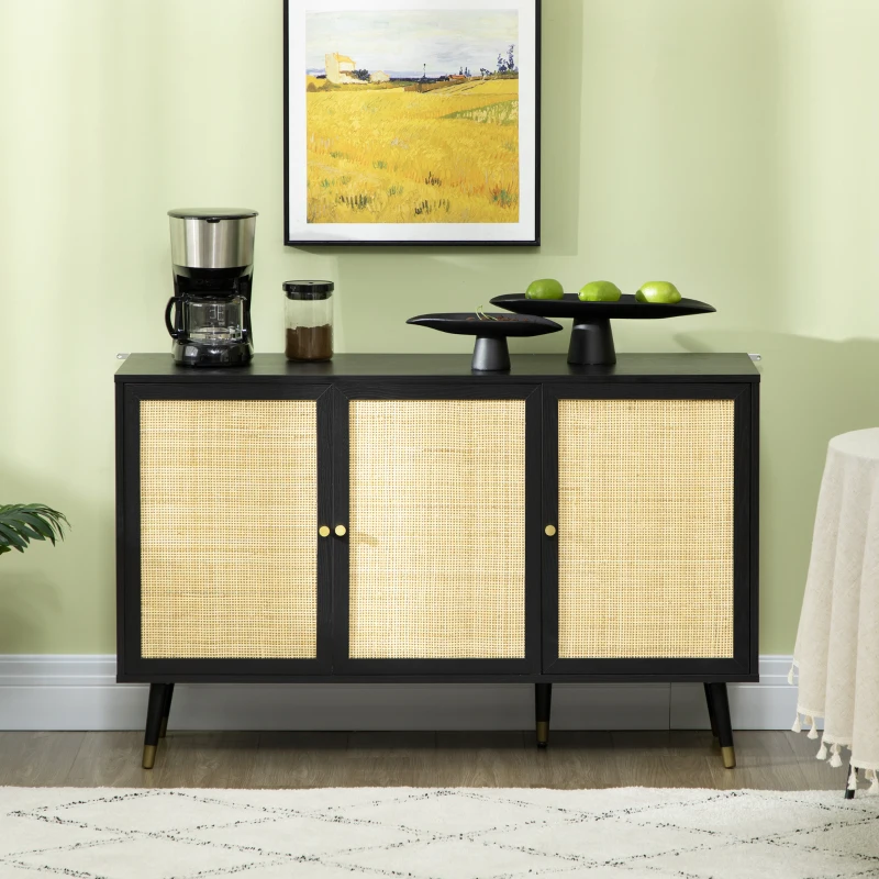 HOMCOM Kitchen Sideboard Cabinet, Boho Storage Cabinet with Shelves, Wood Legs, Decorative Rattan Doors, Black