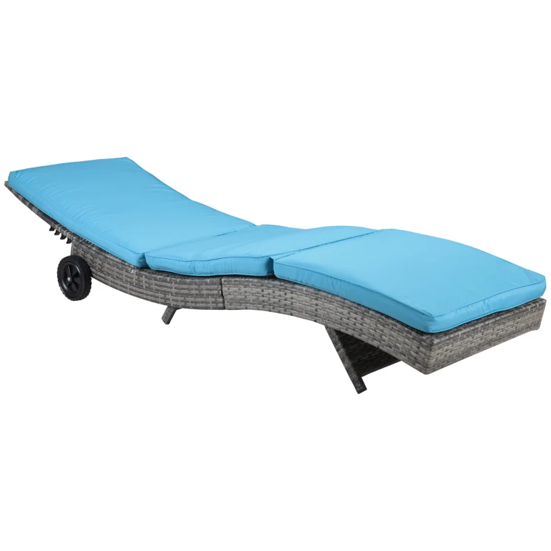 Outsunny Wicker Chaise Lounge Chair Outdoor PE Rattan Cushioned Patio Sun Lounger with 5-Level Adjustable Backrest & Wheels for Easy Movement, Sky Blue