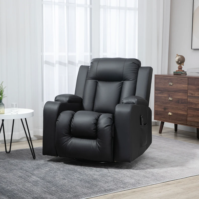 HOMCOM Swivel Massage Recliner Chair Rocker, Overstuffed Manual Reclining Sofa, PU Leather Rocking Chair with Side Pockets, Cup Holders, for Living Room, Nursery, Black