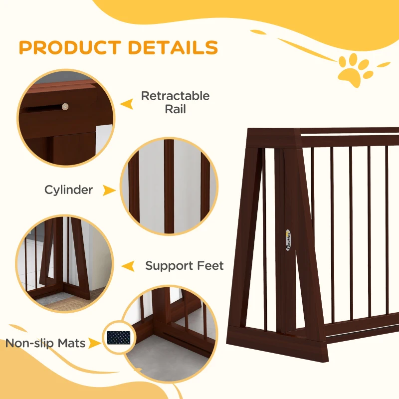 PawHut 28"-75" Freestanding Wooden Pet Gate with Support Feet & Non-Slip Mats for Indoor, Stairway, Doorway, Brown
