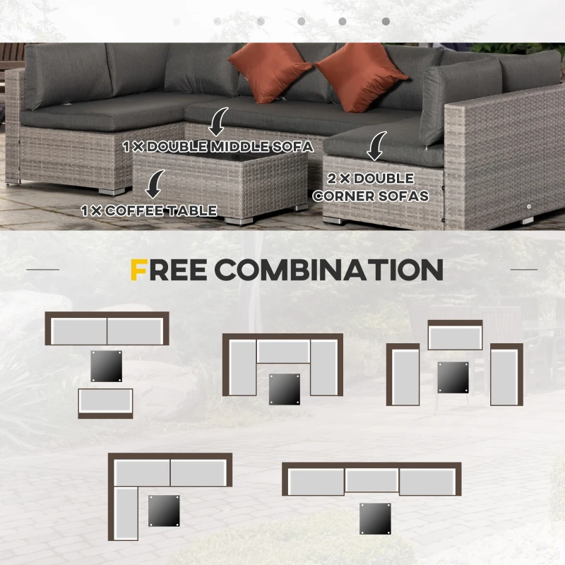 Outsunny 4-Piece Patio Furniture Sets Outdoor Wicker Conversation Set PE Rattan Sectional sofa set with Tempered Glass Coffee Table and Cushions for Backyard and Garden, Gray