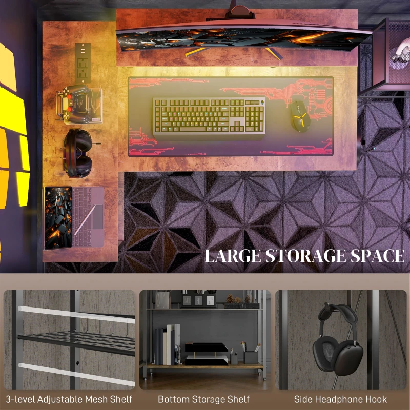 HOMCOM Reversible L Shaped Desk with Lights, Power Outlet, USB Ports, Corner Desk with Storage for Home Office, Brown