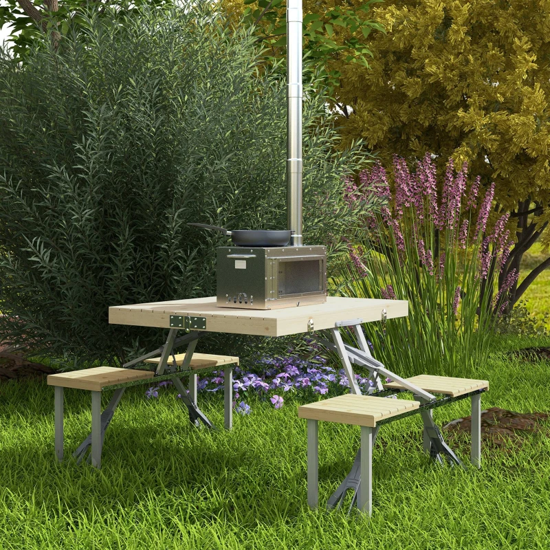 Outsunny Aluminum Frame Folding Picnic Table, Portable Camping Table and Chairs Set with Umbrella Hole
