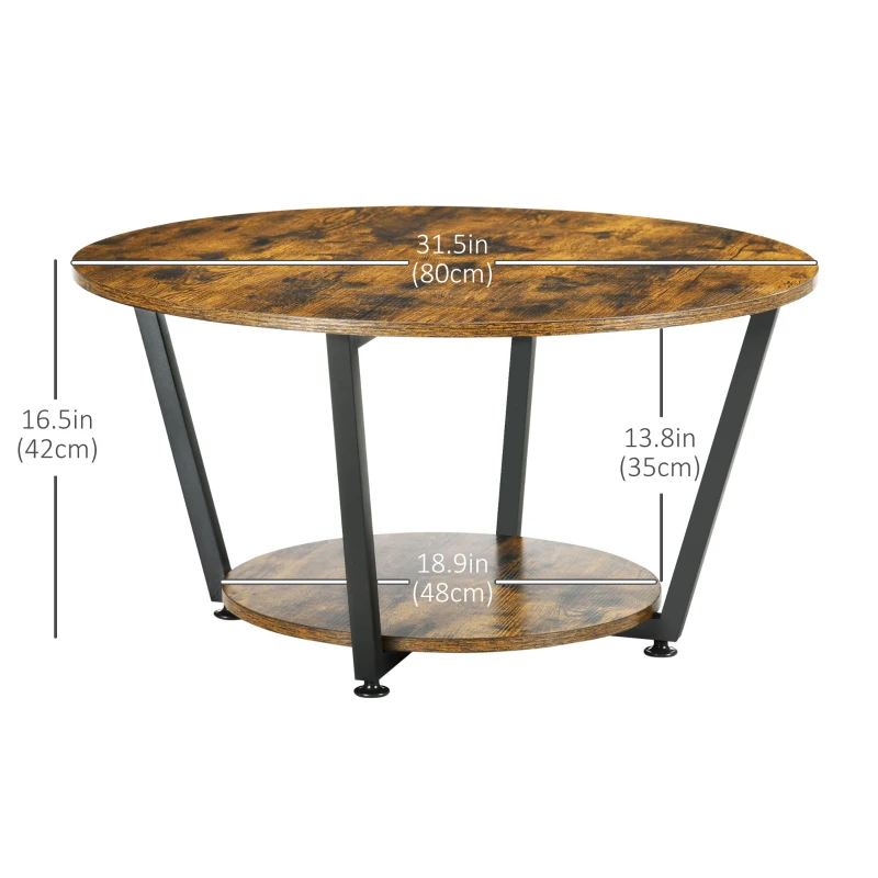 HOMCOM 2-Tier Round Coffee Table with Storage Shelf, Industrial Center Table with Steel Frame for Living Room, Rustic Brown